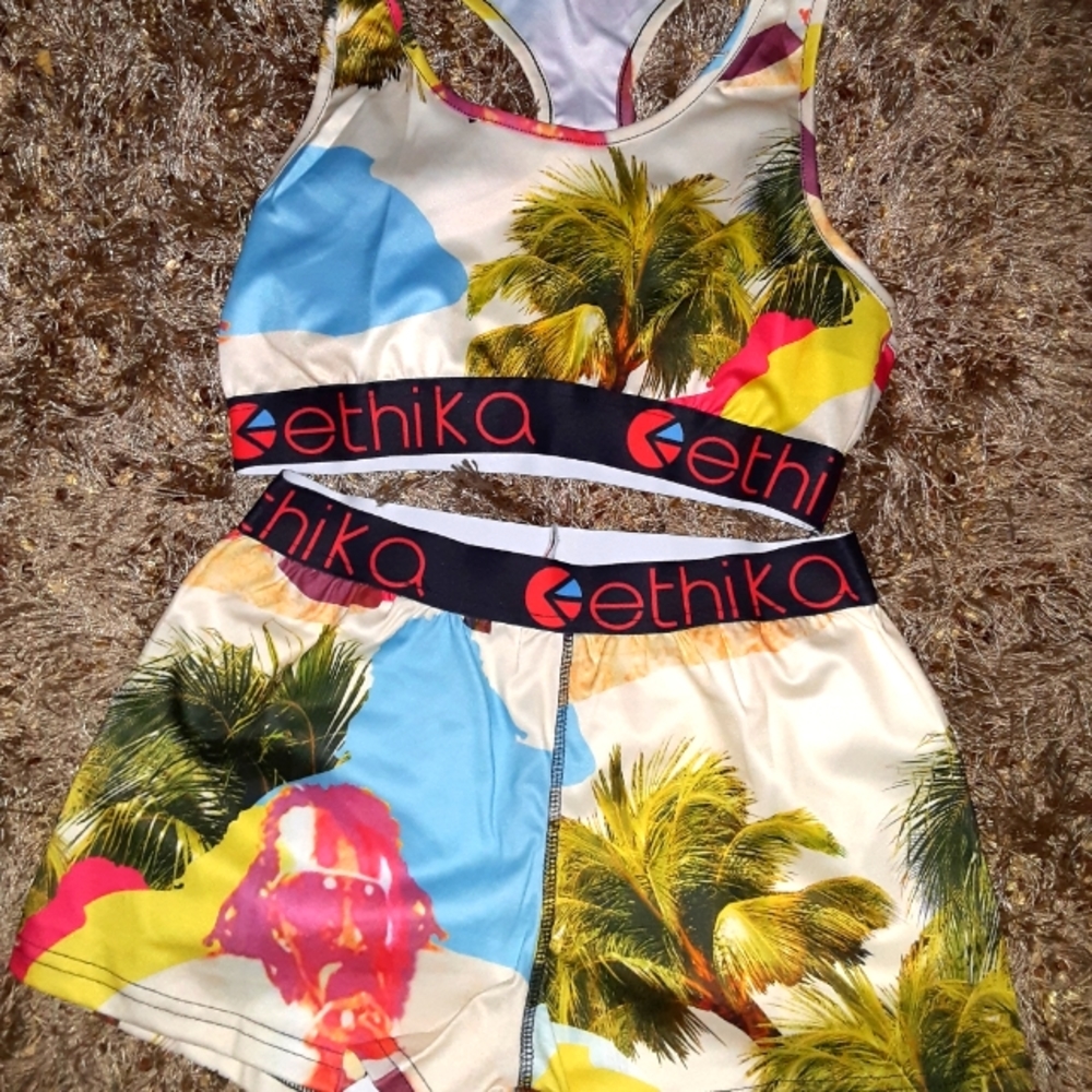 Ethika Women's Palm Print Sports Set - Blue, Yellow, Pink